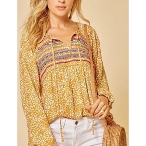 Boho Savanna Jane Embroidered Peasant Top Orange Gold Coastal Cowgirl Small S